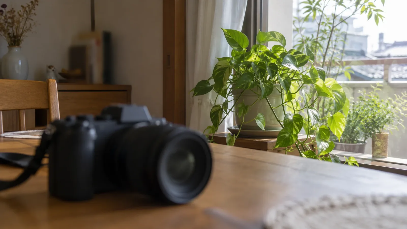 木のテーブルの手前に置いた一眼カメラがぼけ、奥の窓辺の観葉植物にピントが合っている写真
