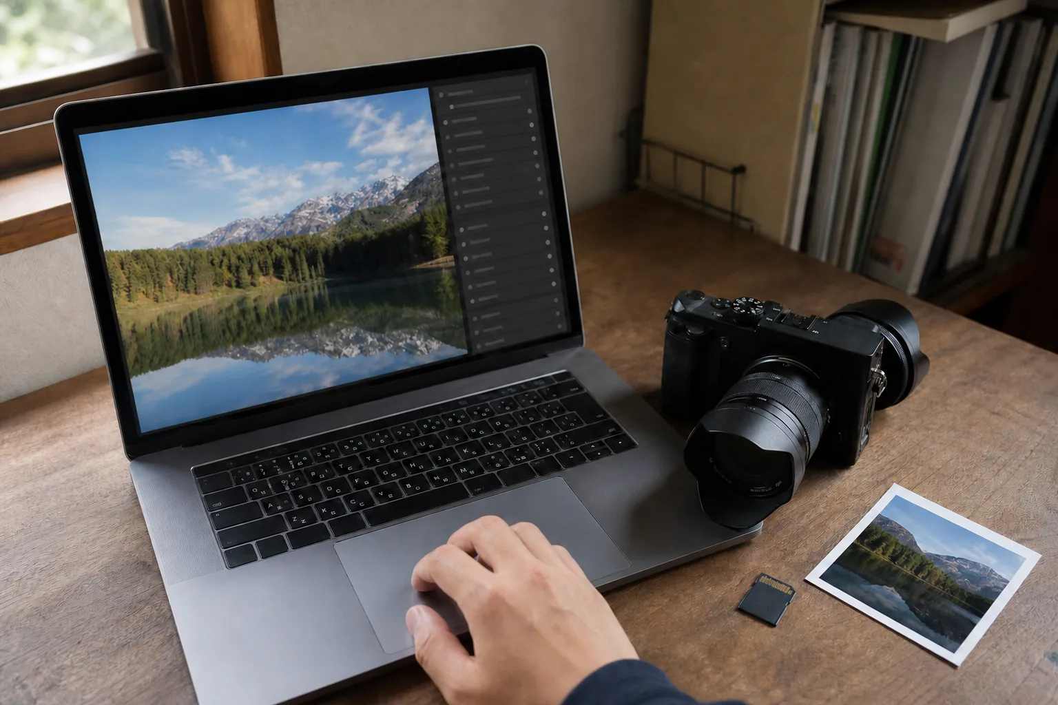 パソコンで写真の情報を確認する机の上にカメラとメモリーカードを置いた場面