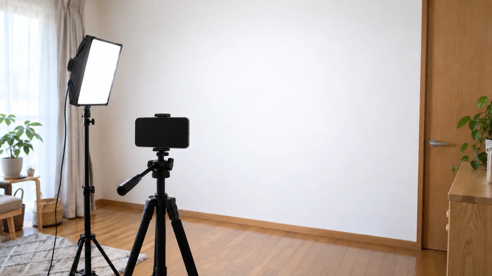 日本の住宅の部屋で、白い壁の前に三脚に取り付けたスマートフォンとスタンドライトが置かれ、証明写真を撮る準備をしている様子