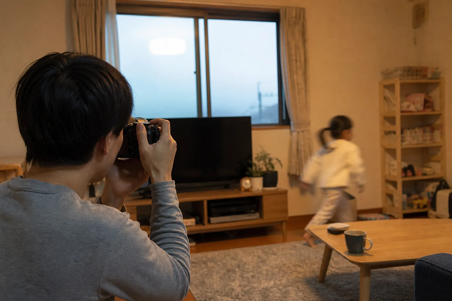 室内で動く人物をカメラで撮影する様子のイメージ