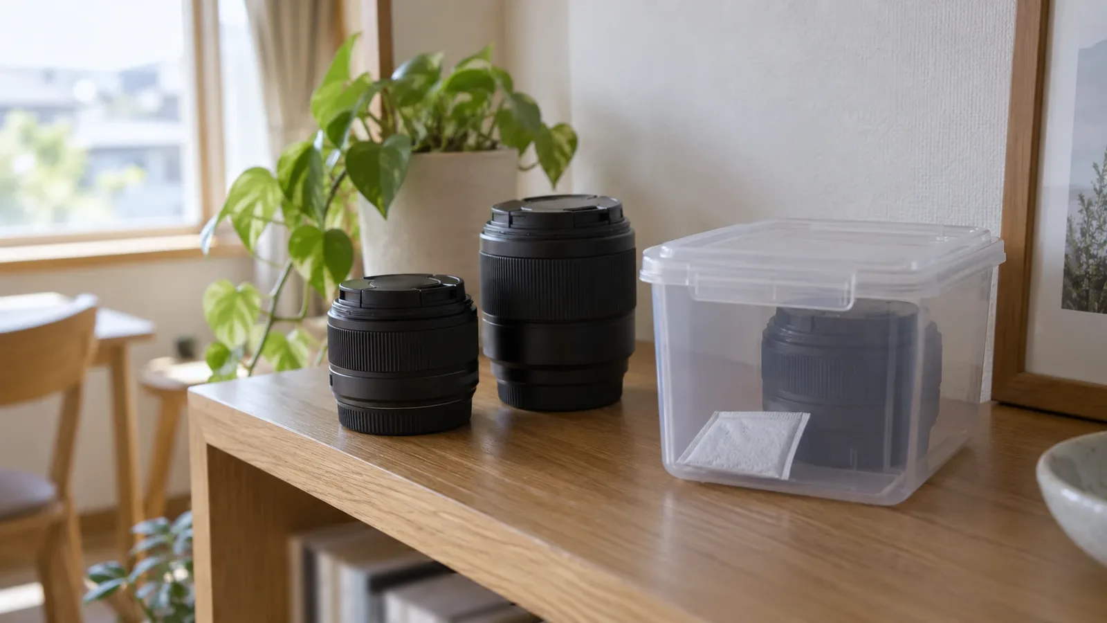 明るい部屋の木の棚に、キャップを付けた交換レンズ2本と、乾燥剤と一緒にレンズを入れた透明な保管容器が並んでいる様子