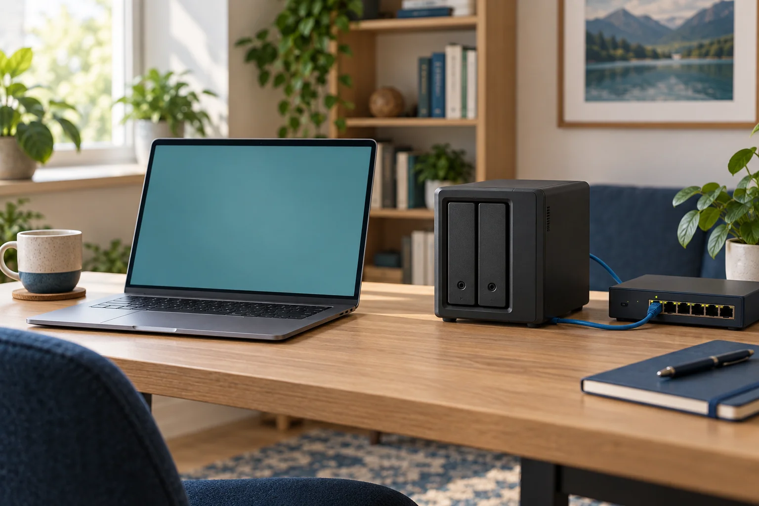 パソコンとネットワーク機器、NASを置いたデスクのイメージ