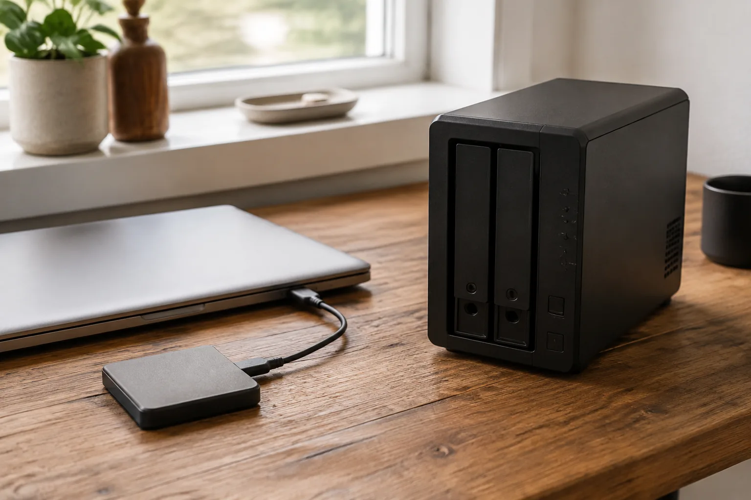 ノートPCと外付けSSD、小型NASを木製デスクに置いて写真データの保存先を考える場面