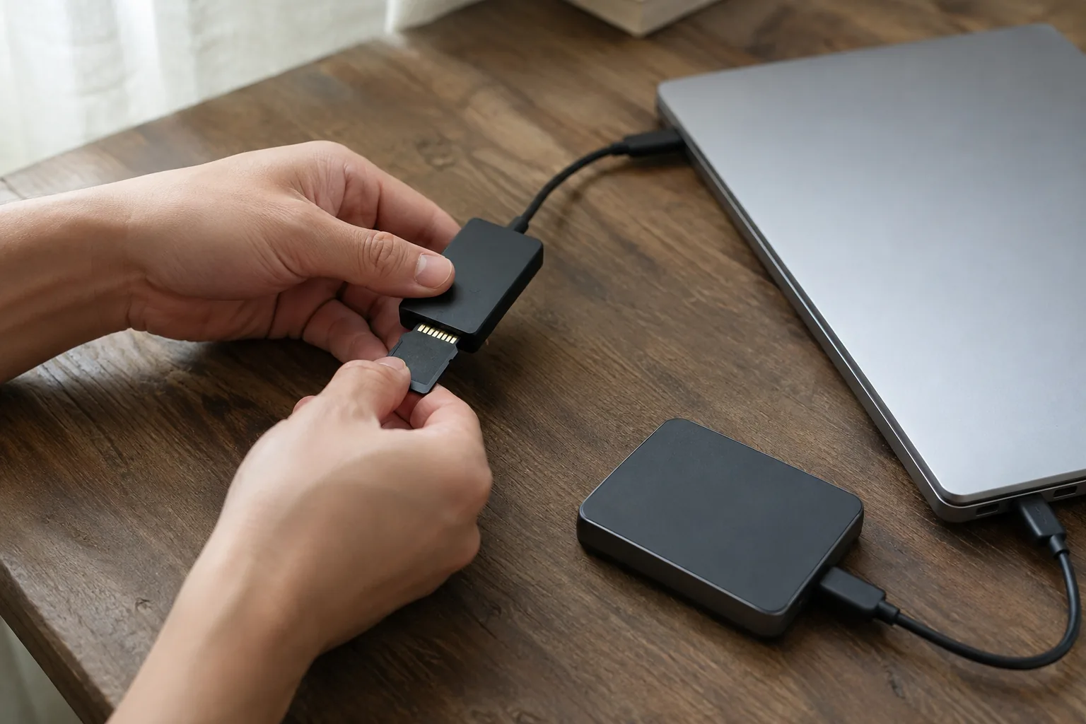 SDカードをカードリーダーへ入れ、ノートPCと外付けSSDへ写真を取り込む準備をする手元