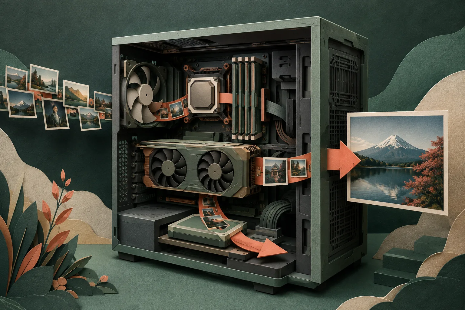 パソコン内部のCPU・メモリ・GPUを写真データが通り、編集後の写真になる流れを表したペーパークラフト風イラスト