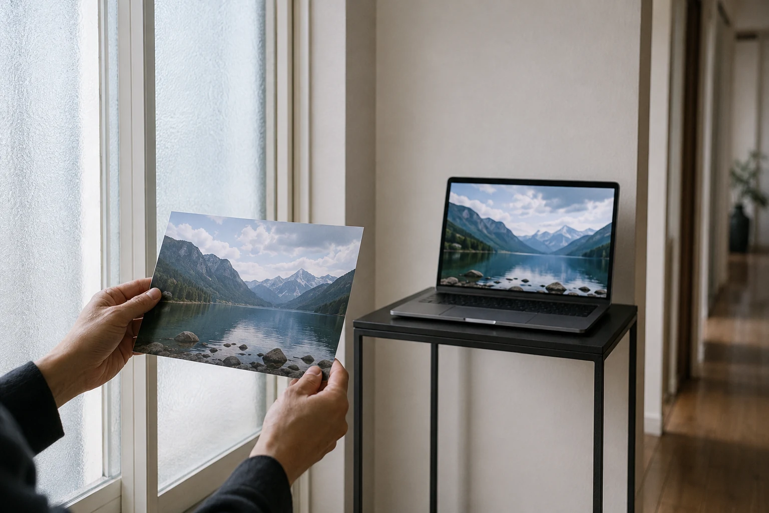 窓際で両手に持った写真プリントとノートPCの写真を自然光の下で確認する場面
