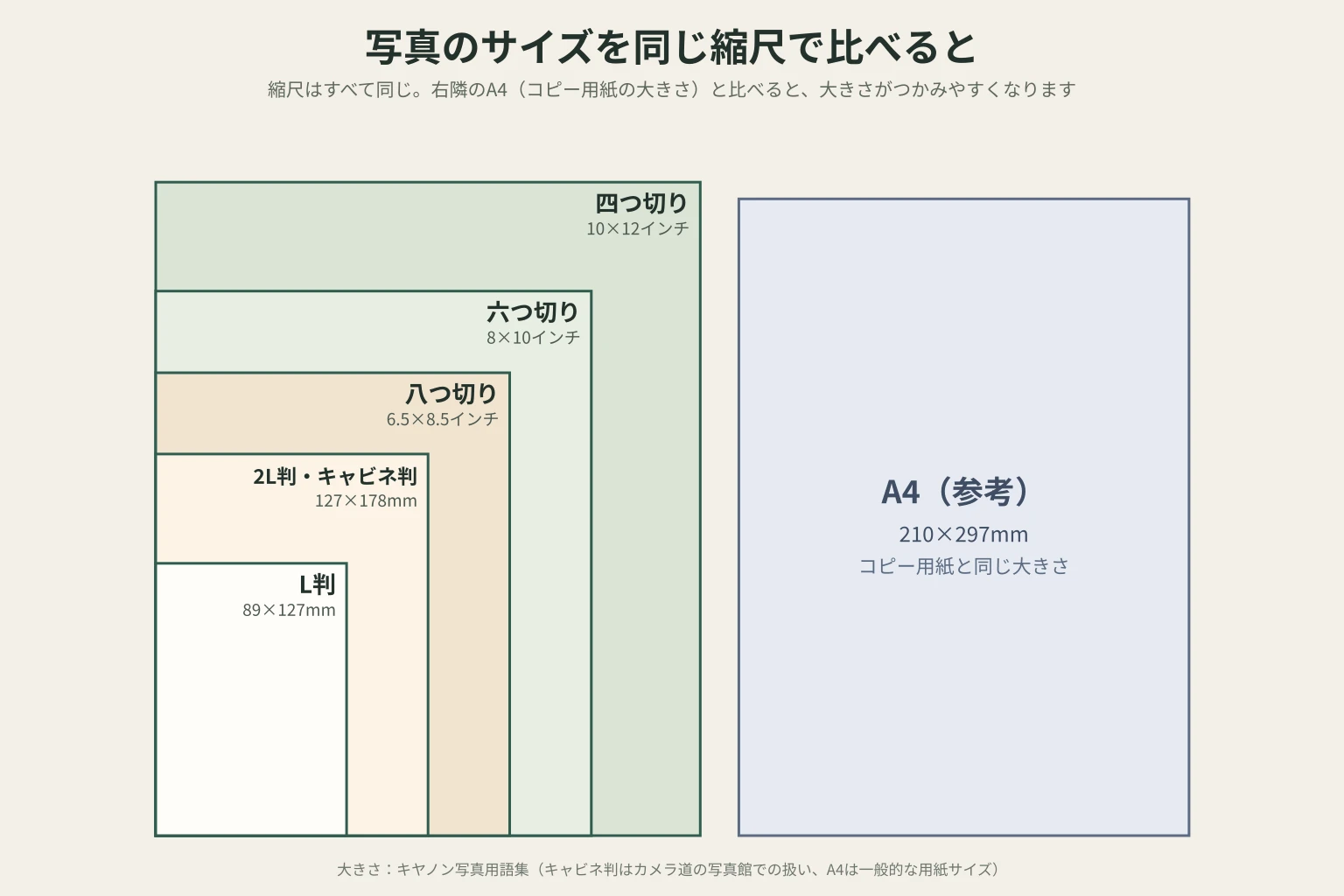 L判、2L判・キャビネ判、八つ切り、六つ切り、四つ切りを同じ縮尺で左下の角をそろえて重ね、その右隣に参考としてA4を同じ縮尺で並べた図。四つ切りはA4より幅が広く、高さはほぼ同じ