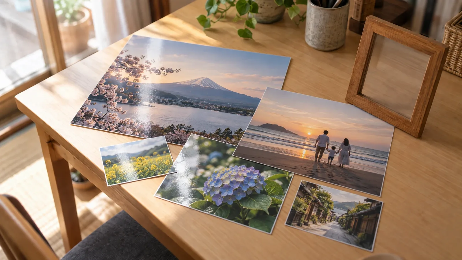 木の机の上に、大きさの違うプリント写真が何枚も並び、そばに空の木の額縁が置かれている様子
