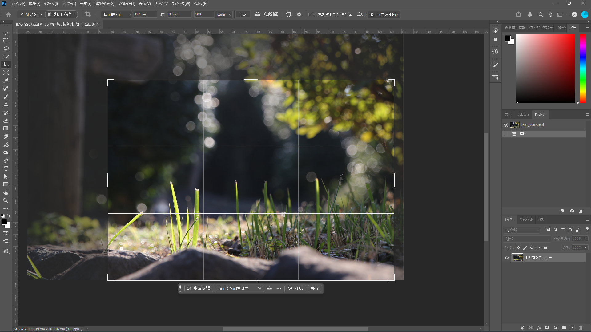 PhotoshopでPSDを開き、「切り抜いたピクセルを削除」をオフにした状態で、切り抜き枠の外側にも写真が残っている画面
