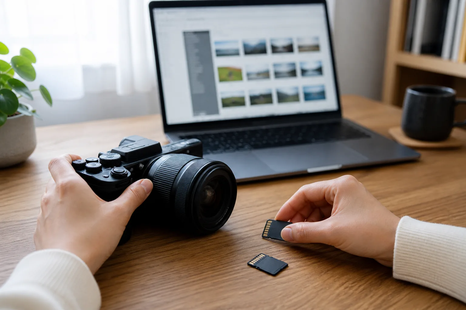 カメラとSDカードを机の上で整理しながら写真データの保存方法を考える場面