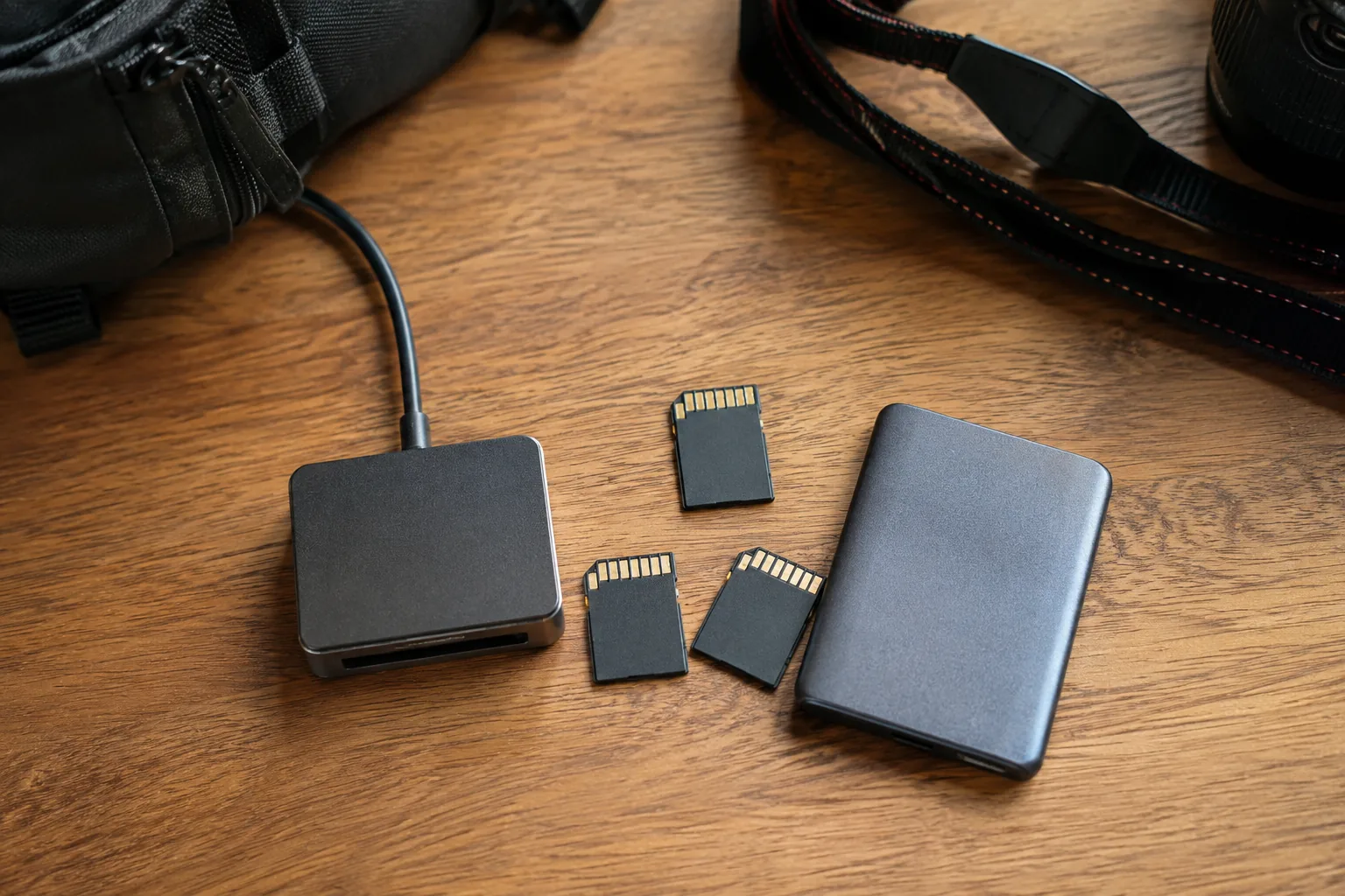 SDカードとカードリーダー、外付けSSDを机の上で並べて保存容量を考える場面