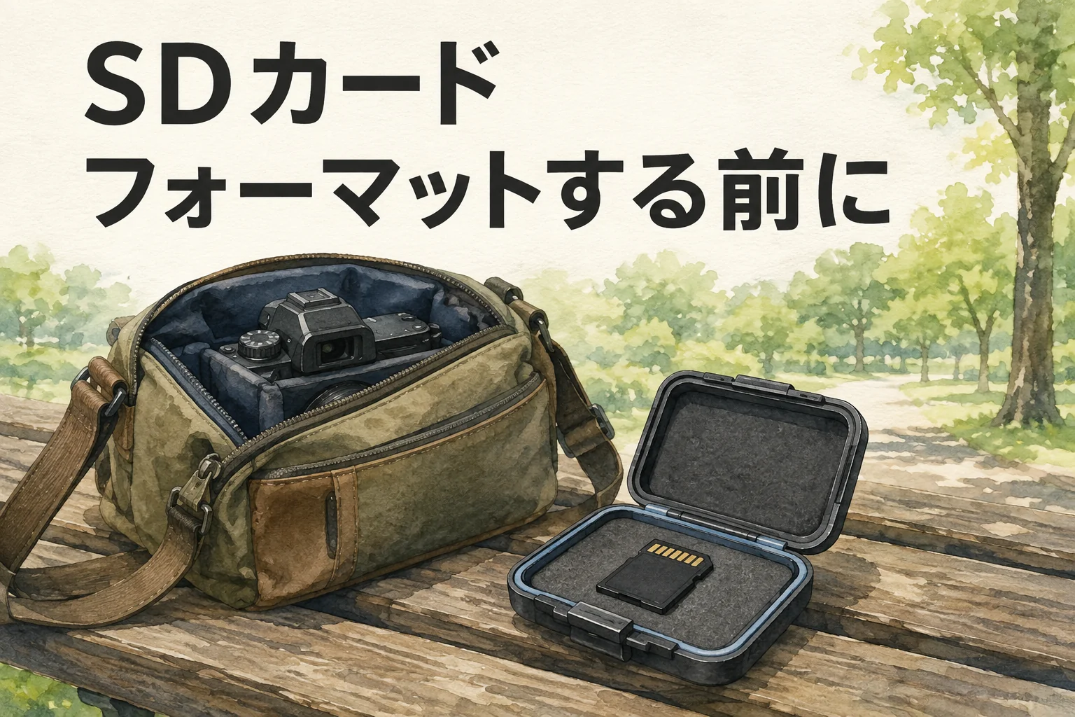 屋外のベンチに置いたカメラバッグとSDカードケースを描いた、フォーマット前の確認を促すイラスト