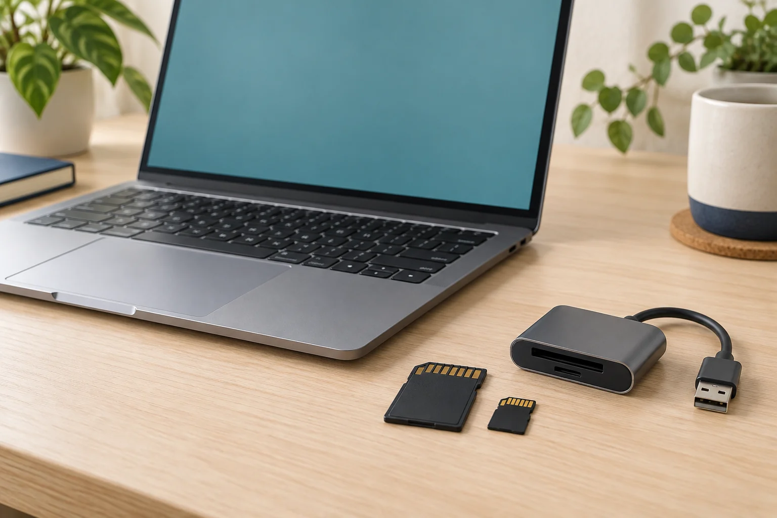 パソコンとSDカード・microSDカード・カードリーダーを置いたイメージ