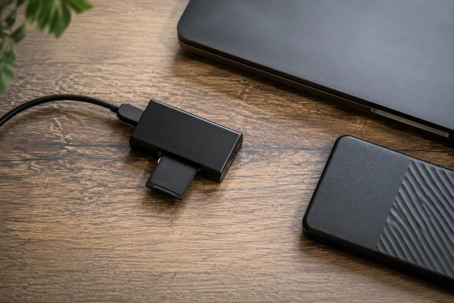 カードリーダーへSDカードを入れ、パソコンと外付けSSDを机の上に置いた場面