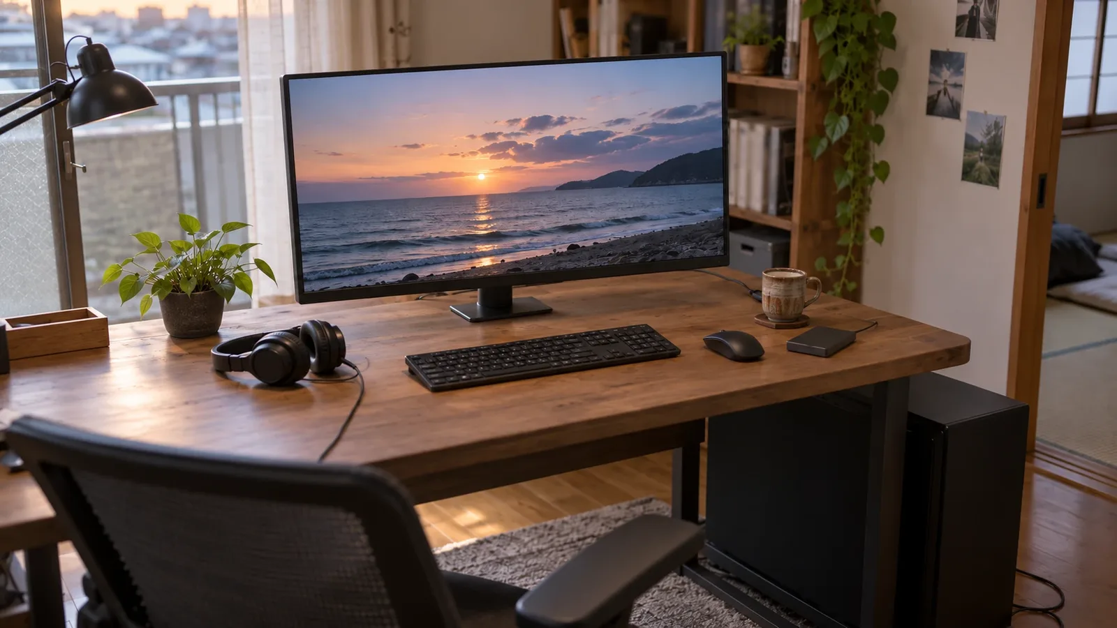木の机の上に、夕日の海の映像を映したモニターとキーボード、マウス、外付けSSD、ヘッドホンが並び、机の下にデスクトップパソコンが置かれた作業部屋