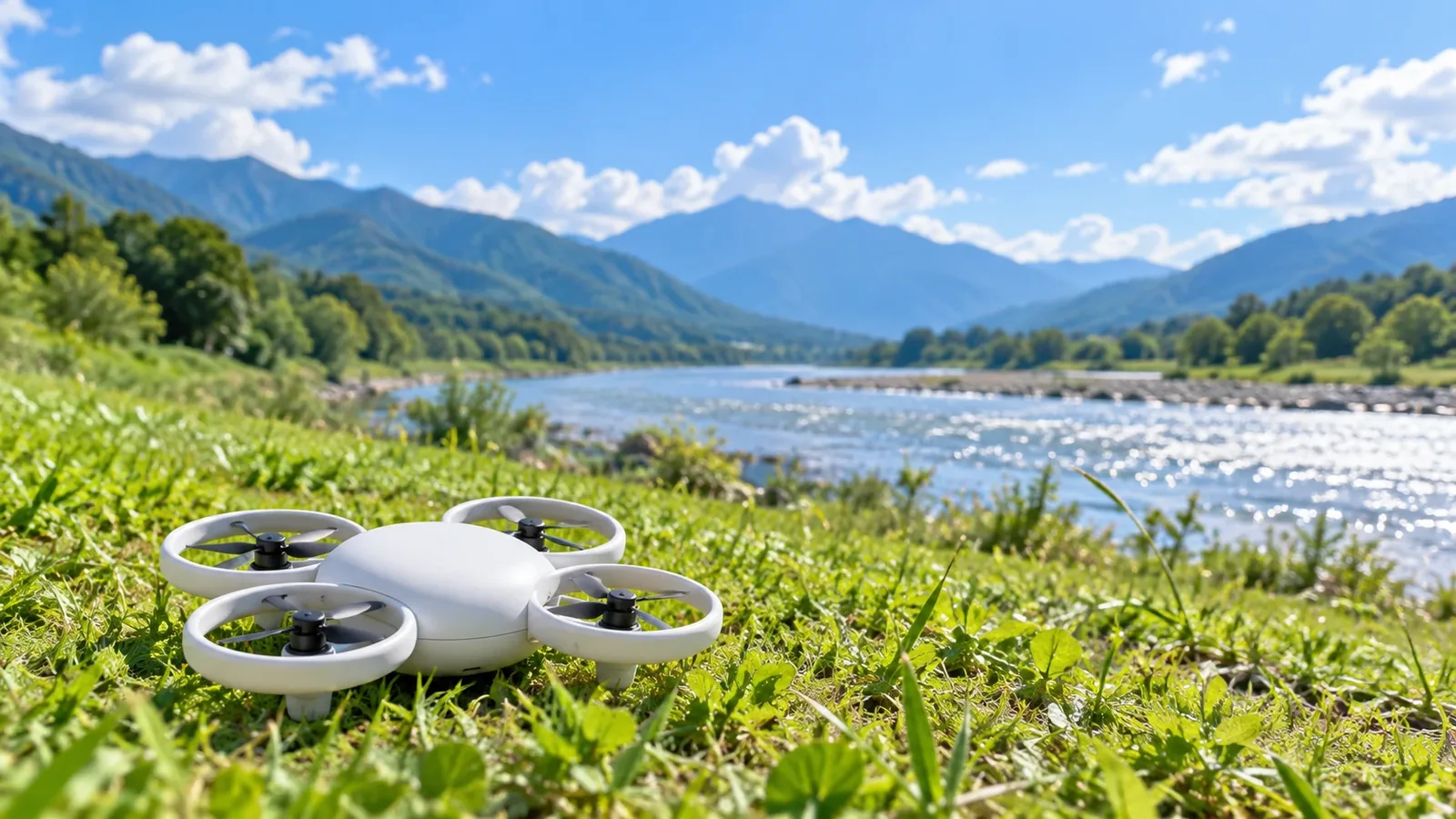 晴れた河川敷の芝生の上に、白く丸い本体と円いプロペラガードのついた小型ドローンが置かれ、奥に川と山並み、青空と白い雲が広がっているイメージ