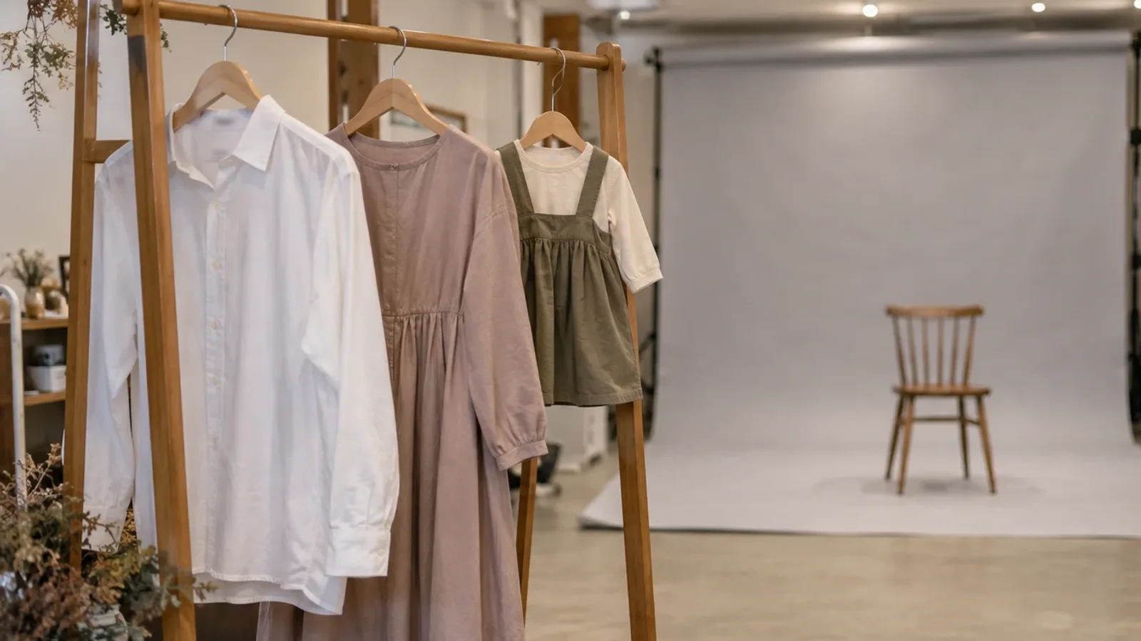 写真スタジオの手前のハンガーラックに、白いシャツ、ピンクベージュのワンピース、子ども用の服がかかり、奥に背景紙と木の椅子が見える様子