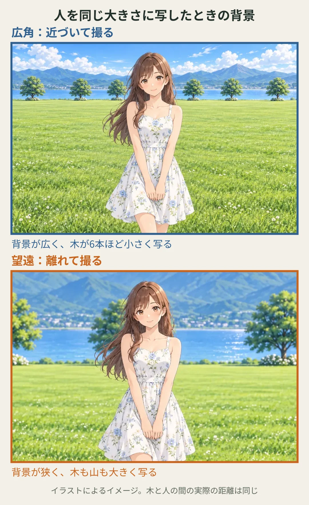 人を同じ大きさに写したときの背景を比べたイラスト。上の広角(近づいて撮る)では背景が広く、木が6本ほど小さく写る。下の望遠(離れて撮る)では背景が狭く、木も山も大きく写る。木と人の間の実際の距離は同じ