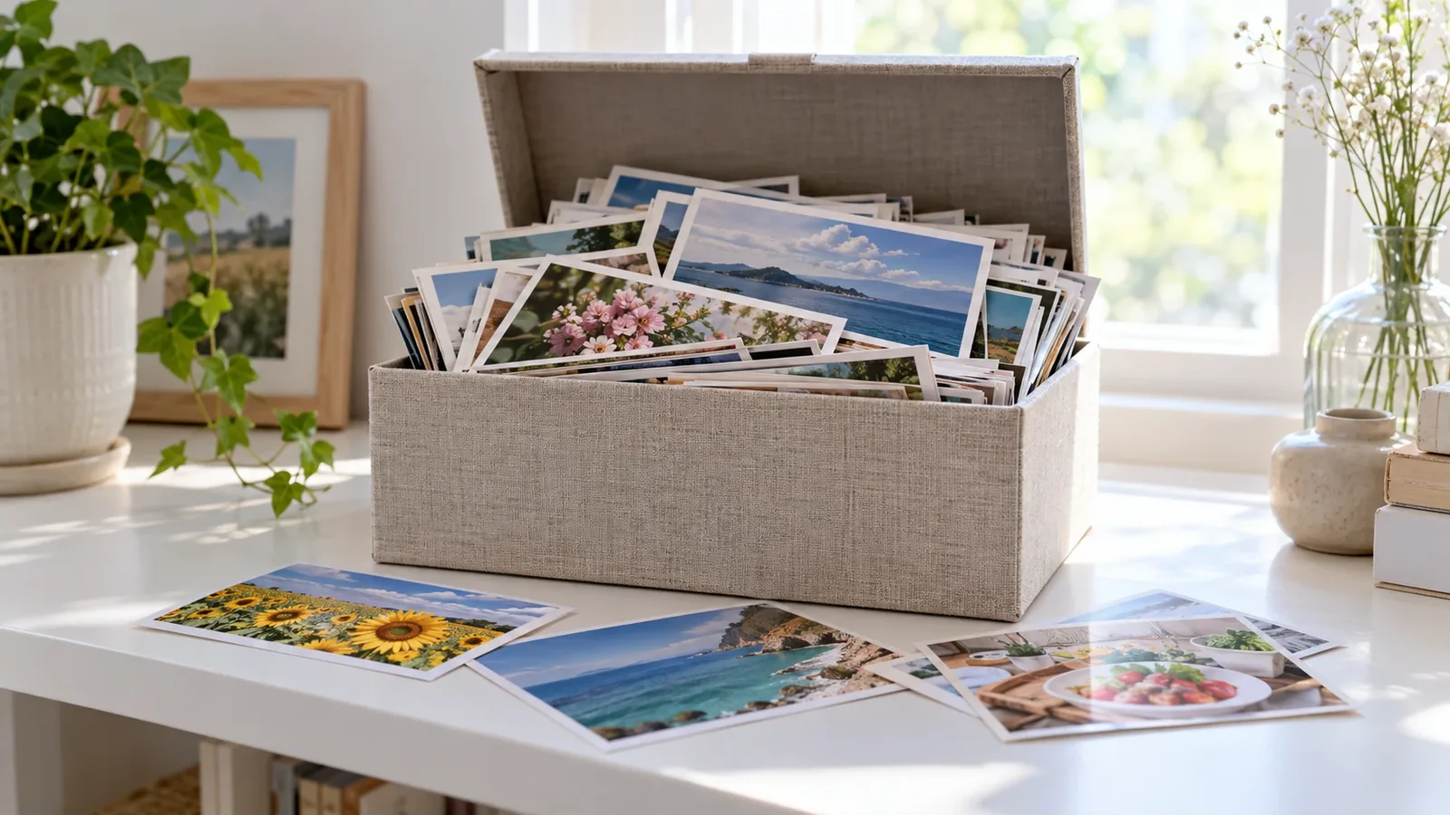 明るい部屋の白い棚の上で、布張りの写真の箱に風景や花のプリント写真があふれるほど詰まり、ひまわり畑や海、料理の写真が箱の外にこぼれているイメージ