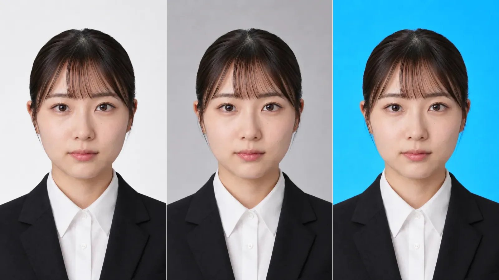 白・グレー・青の背景で撮った証明写真の見本を3つ並べた画像。AIで作った見本で、実在の人物ではない