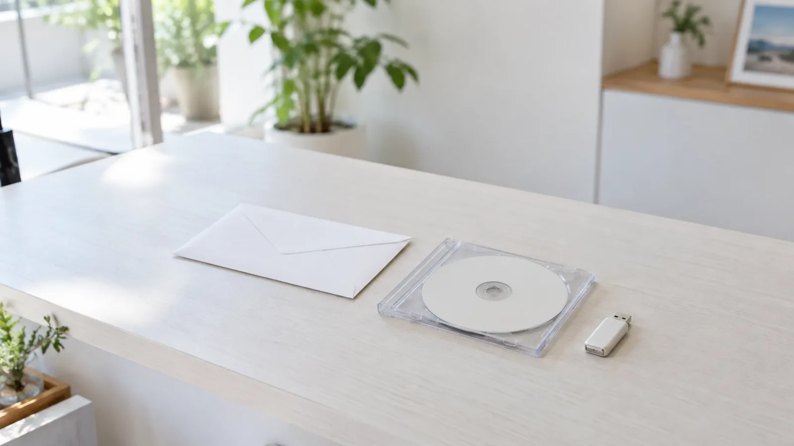 明るい写真館の受付カウンターの上に、白い封筒、透明なケースに入った無地のCD、小さなUSBメモリが並んでいるイメージ