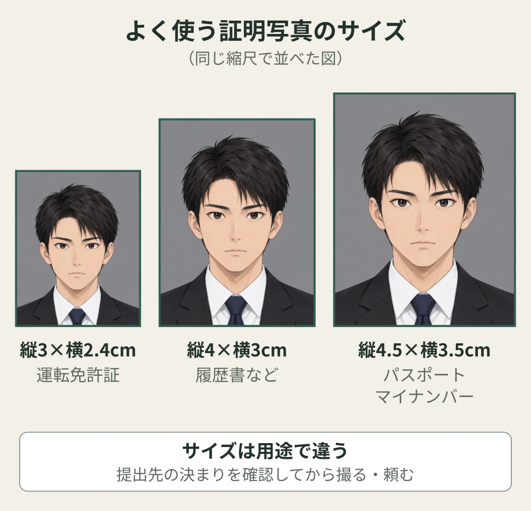 よく使う証明写真の3つのサイズを、同じ人物のイラストで同じ縮尺に並べた図。縦3cm×横2.4cmは運転免許証、縦4cm×横3cmは履歴書など、縦4.5cm×横3.5cmはパスポートとマイナンバーカード(郵送申請)。サイズは用途で違うので、提出先の決まりを確認する