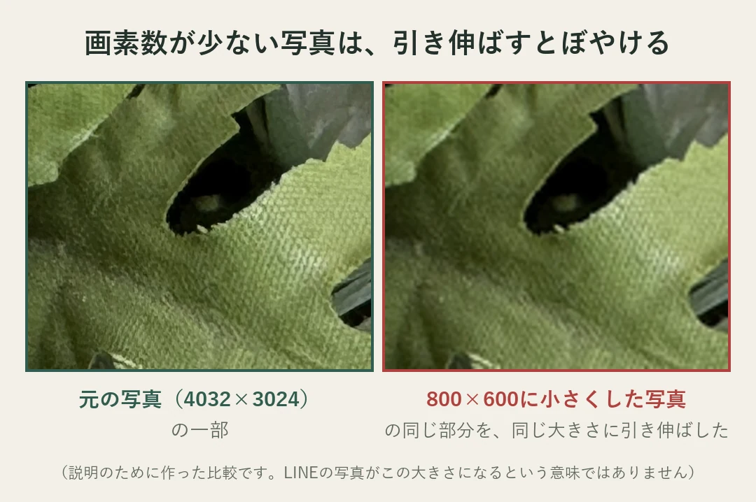 画素数が少ない写真は引き伸ばすとぼやけることを示した比較。左は元の写真（4032×3024）の葉の部分で、布の織り目や葉のふちがはっきり見える。右は800×600に小さくした写真の同じ部分を同じ大きさに引き伸ばしたもので、織り目が消えてふちもぼやけている。説明のために作った比較で、LINEの写真がこの大きさになるという意味ではない