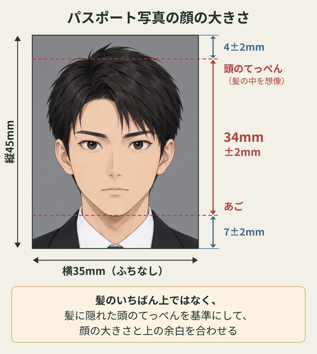 パスポート写真の顔の大きさの模式図。写真は縦45mm×横35mmでふちなし。写真の上の端から頭のてっぺんまで4mm±2mm、頭のてっぺんからあごまで34mm±2mm、あごから下の端まで7mm±2mm。頭のてっぺんは、髪のいちばん上ではなく、髪に隠れた頭の位置を想像して決め、顔の大きさと上の余白を合わせる