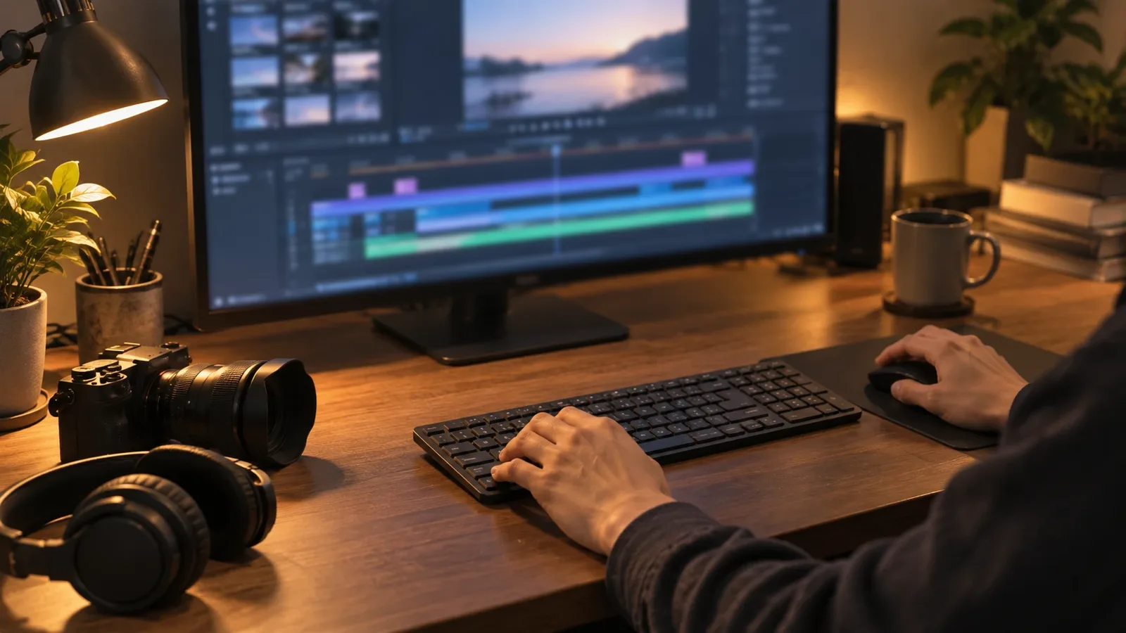 夜の作業机で、動画編集ソフトの画面を表示したモニターの前でキーボードとマウスを操作する手元のイメージ。机の上にミラーレスカメラとヘッドホンがある