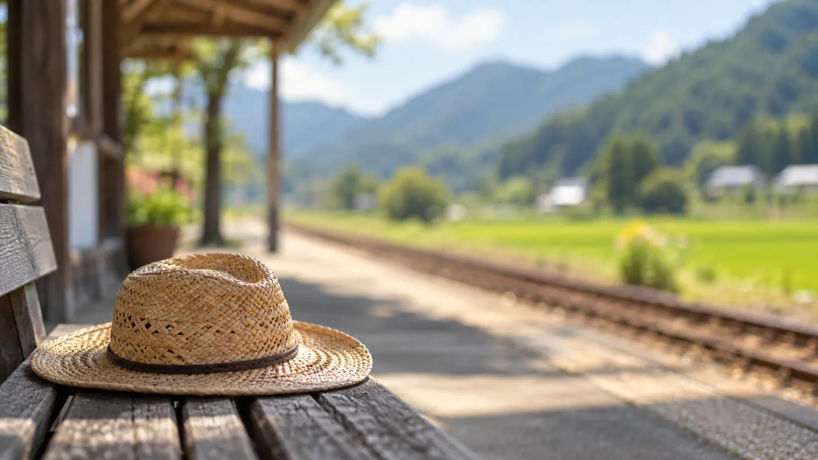 晴れた昼下がりの田舎の木造駅のホームで、手前の木のベンチに置いた麦わら帽子にピントが合い、奥の線路や田んぼ、山が大きくぼけているイメージ