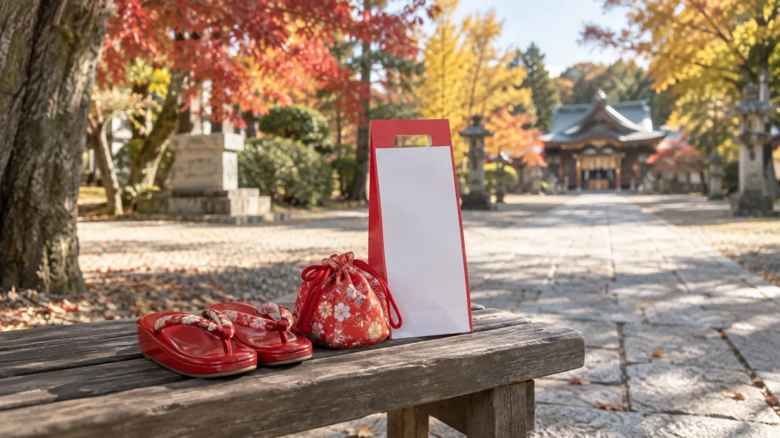 秋の晴れた神社の境内で、古い木の長椅子に子ども用の赤い草履と花柄の巾着、紅白の細長い紙袋が置かれ、奥に紅葉した木々と社殿がぼけて見えるイメージ